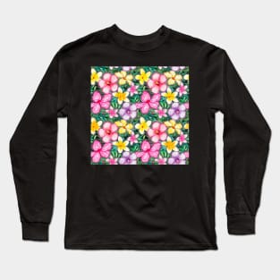 Tropical Flowers Hibiscus and Frangipani Pattern Colourful Long Sleeve T-Shirt